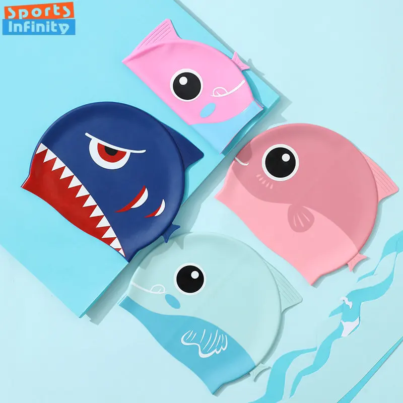 Swim Cap Silicone - Cartoon Cute Fish Shark Silicone Swimming